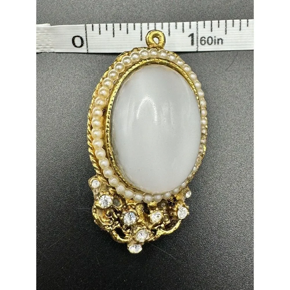 Vintage Gold Tone Brooch Rhinestone Faux Seed Pearl White Glass Cabochon Pendant